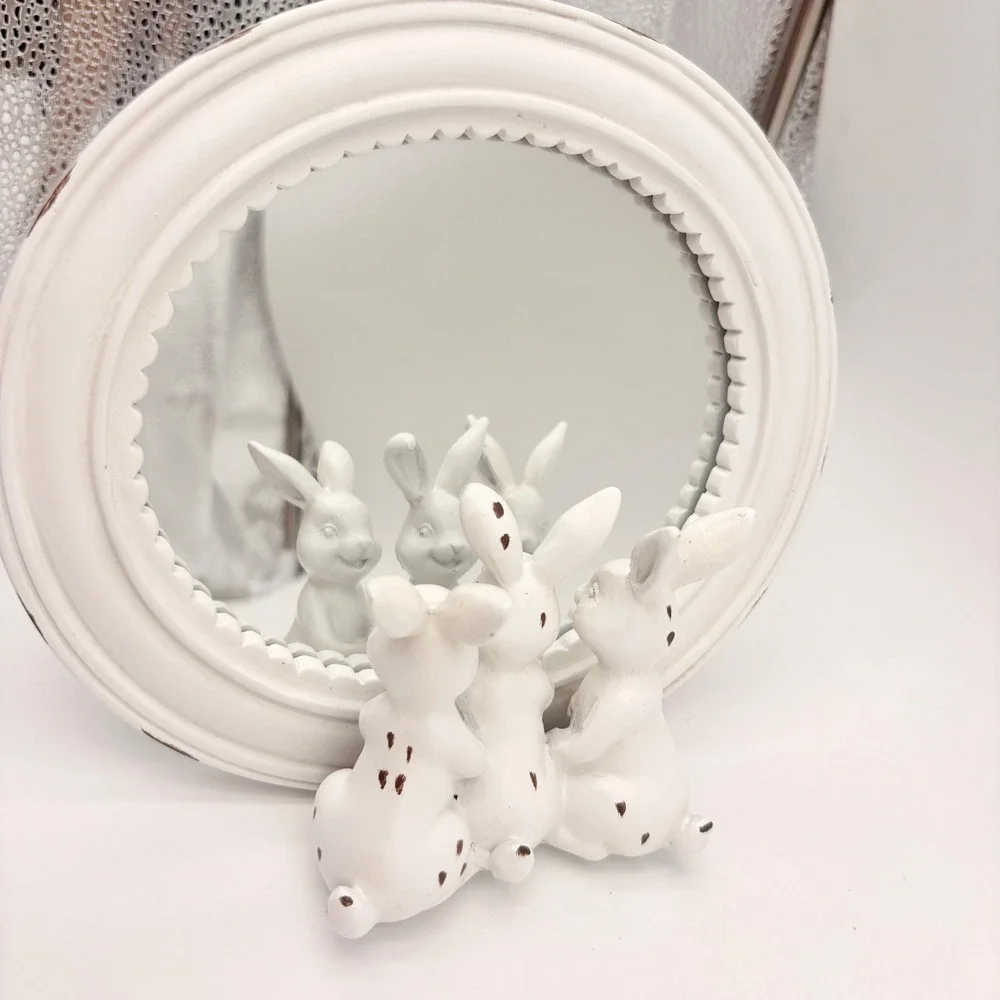 Shabby Chic White Bunny Rabbit Tabletop Mirror Distressed Easter Farmhouse Decor